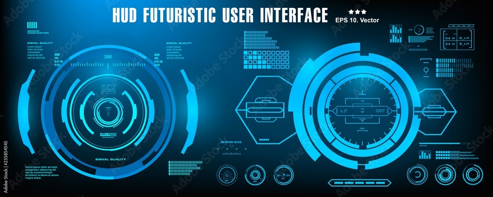 HUD futuristic blue user interface, dashboard display virtual reality technology screen HUD futuristic blue user interface, dashboard display virtual reality technology screen
