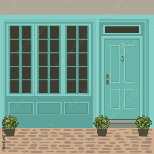 House door front with window  steps and plants  building entry facade  exterior entrance design illustration vector in flat style