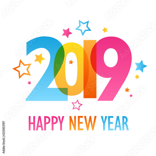 HAPPY NEW YEAR 2019 colorful letters banner with star motifs