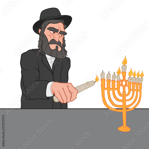 Old man lighting up the candles on menorah on Hanukkah
