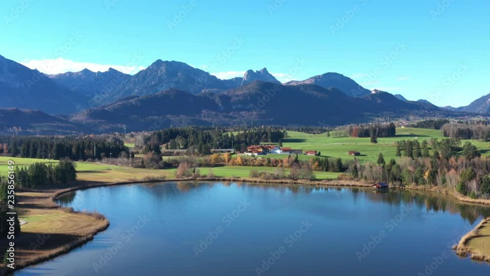 Aerial view, flight over Hopfensee, Ostallgäu, Bavaria, Germany Aerial view, flight over Hopfensee, Ostallgäu, Bavaria, Germany