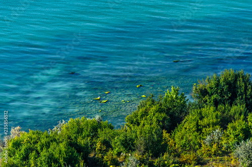 Fototapeta Naklejka Na Ścianę i Meble -  Green Thracian cliffs near blue clear water of Black Sea, rocky path seaview