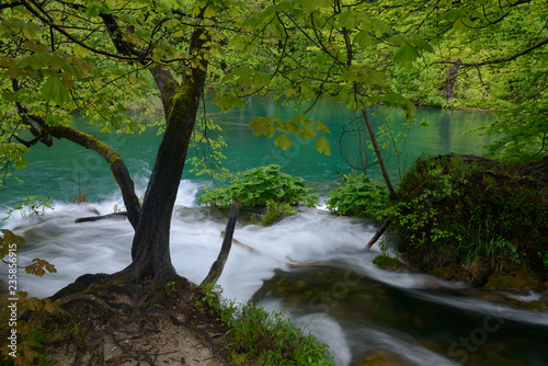 Stream falling to azure lake - Plitvice Lakes Park