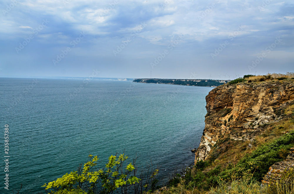 Green Thracian cliffs, Kaliakra Lighthouse, Black sea water, bulgarian coastline