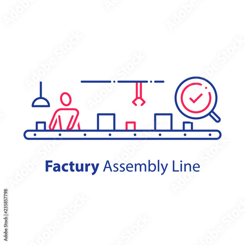 Manual worker at conveyor, assembly line, production factory, checking and packaging, quality control system
