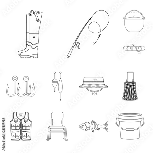 Vector design of fish and fishing logo. Collection of fish and equipment stock symbol for web.