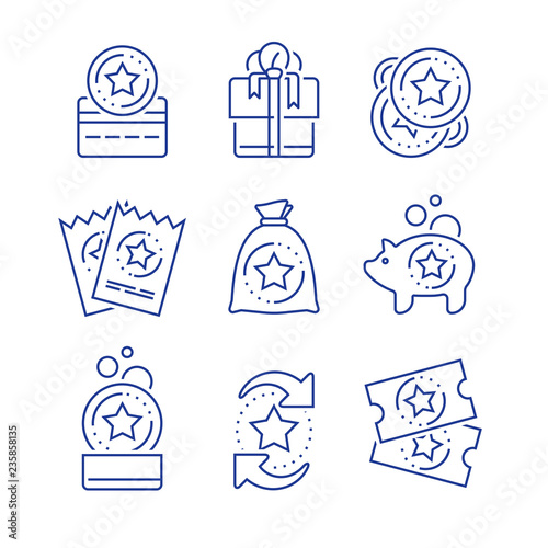Earn reward, loyalty incentives, bonus card, redeem gift, discount coupon, collect coins, win present, lottery ticket, line icon