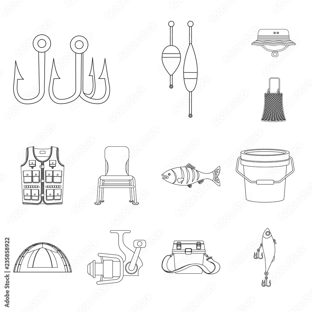 Vector design of fish and fishing sign. Collection of fish and equipment stock vector illustration. Vector design of fish and fishing sign. Collection of fish and equipment stock vector illustration.