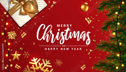 Holiday New year card - Merry Christmas on red background 3