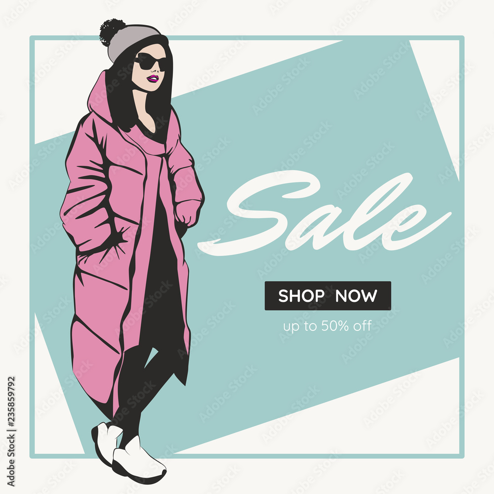 Fashion sale banner with woman fashion outfit hat qiulted winter