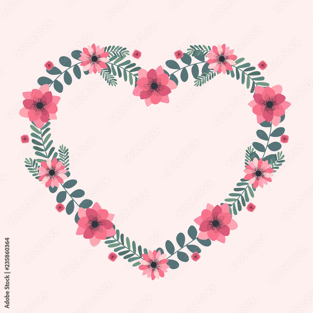 Floral greeting card and invitation template for wedding or birthday anniversary, Vector heart shape of text box label and frame, Pink flowers wreath ivy style with branch and leaves. Floral greeting card and invitation template for wedding or birthday anniversary, Vector heart shape of text box label and frame, Pink flowers wreath ivy style with branch and leaves.