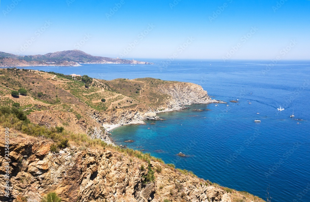 Rocky shore in marine reserve of Cerbere Banyuls, Mediterranean sea, Pyrenees Orientales, Cote Vermeille Rocky shore in marine reserve of Cerbere Banyuls, Mediterranean sea, Pyrenees Orientales, Cote Vermeille