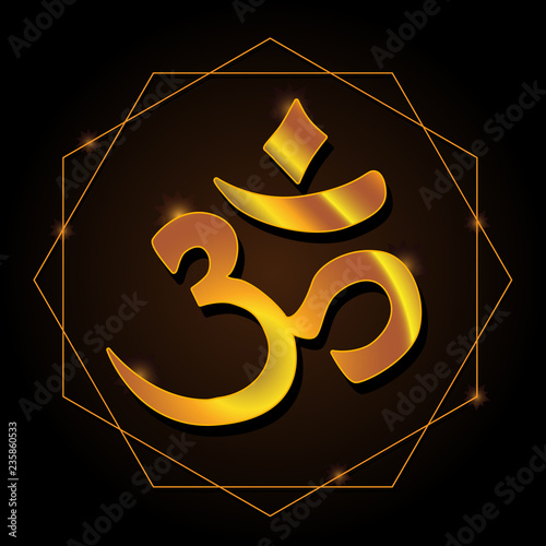 Om sing. Vector illustration of shining golden simbol on black background