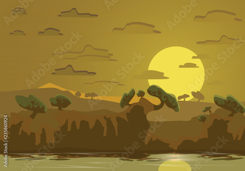 Abstract tropican landscape.River in the jungle.flat design photo