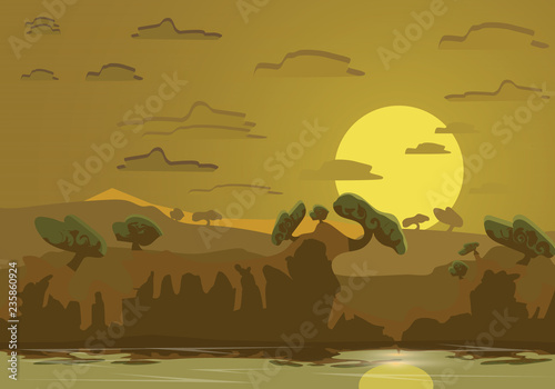 Abstract tropican landscape.River in the jungle.flat design