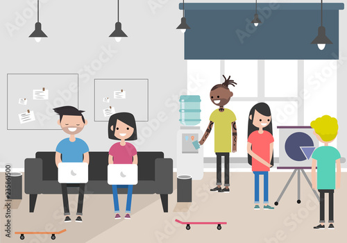 Vector illustration of coworking space. Working place, office. Modern office. Millennials at work. Flat design.