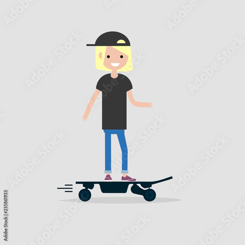 Young female hipster Character rides on electric skateboard.flat design