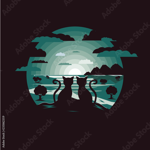 2 cats looking at the mount landscape and moonlight.Negative space.Flat design