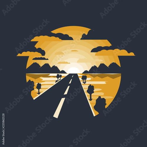Road to the mountains, road icon, icon of the mountains, nature, road sign. Negative space.Flat design