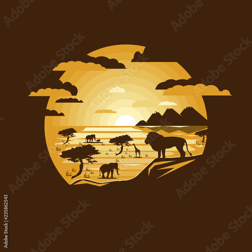 Illustration african savanna landscape with wild animals.Negative space.Flat design