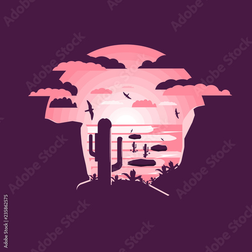 Desert landscape with saguaro cactus and mountains. Negative space illustration.Flat design