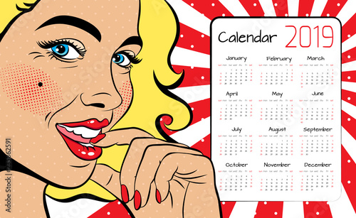 A calendar for 2019 in the style of pop art with a sexy blonde woman with squinted eyes and open mouth. Vector background in comic style retro pop art. photo