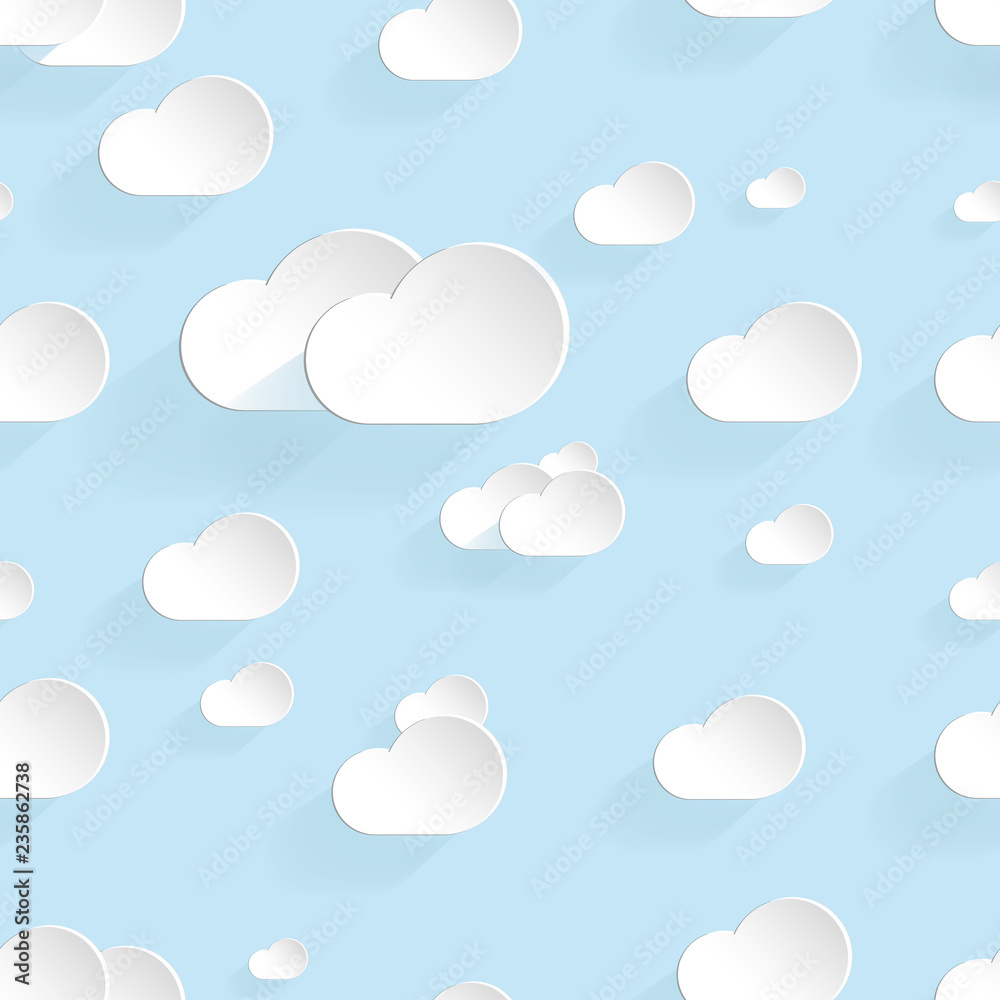 Paper clouds on a blue sky seamless pattern.
