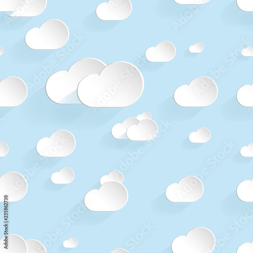 Paper clouds on a blue sky seamless pattern.