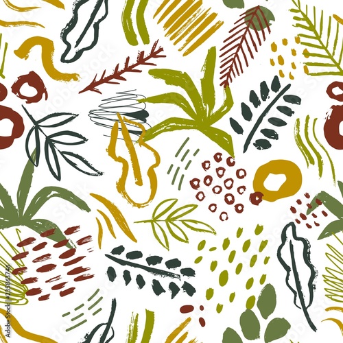 Seamless pattern with abstract tropical leaves, paint stains, brush strokes on white background. Natural vector illustration in contemporary art style for wrapping paper, wallpaper, textile print.