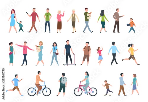 Walking people. Persons in casual clothes, crowd walks in city. Vector human characters set