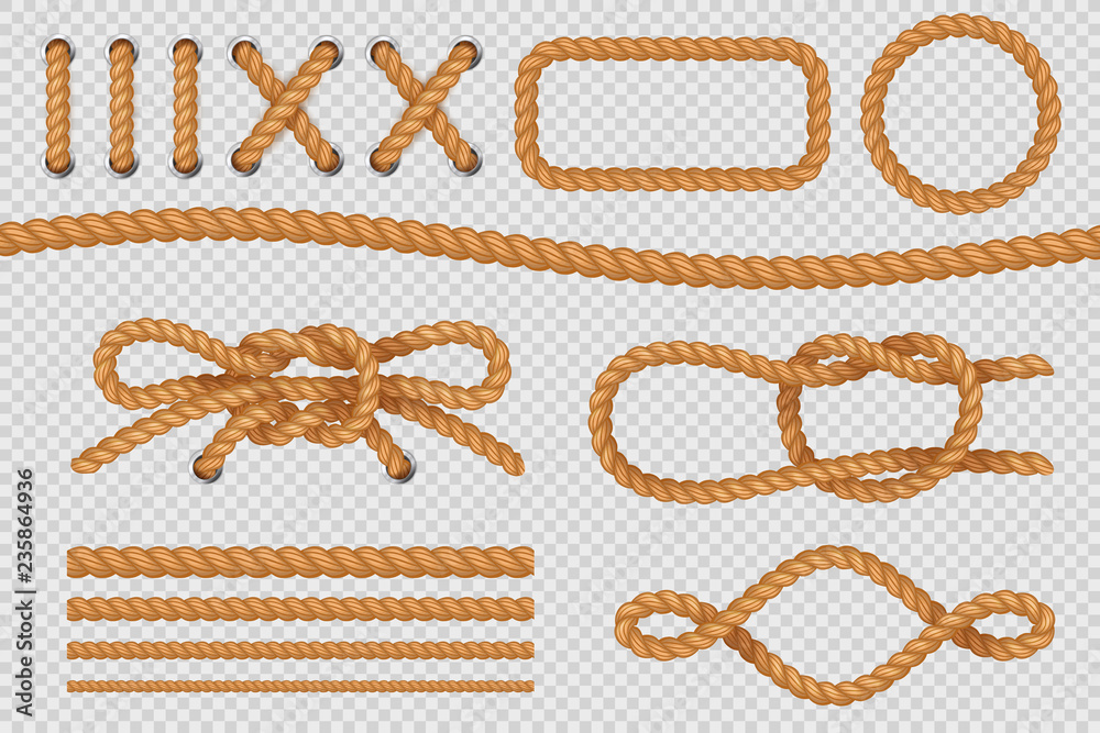 Rope elements. Marine cord borders, nautical ropes with knot, old