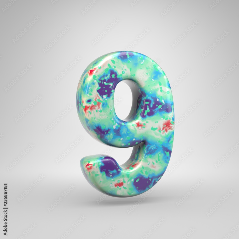 Bluish acrylic pouring number 9 isolated on white background