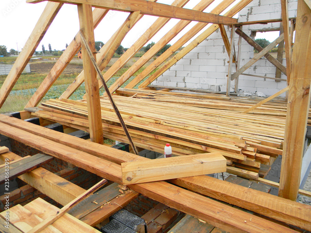 Unfinished house roofing construction trusses, timber.