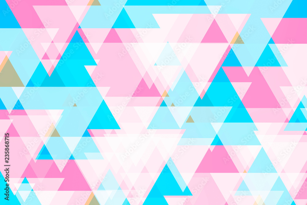 Abstract background from many triangle shape pattern on white wall. Pink and blue tone. Pastel color backdrop.