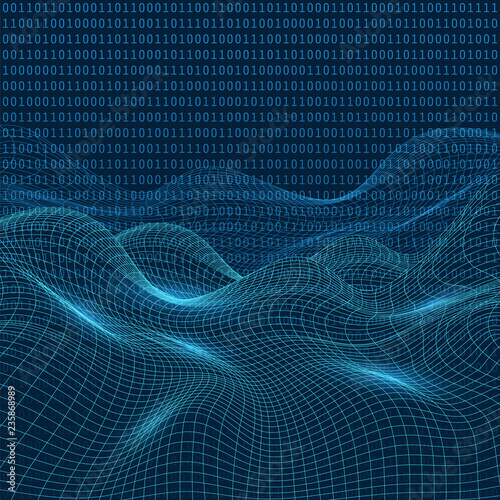 3D Abstract Virtual Landscape, Cyberspace Grid, Network - Technology Background, Vector Illustration