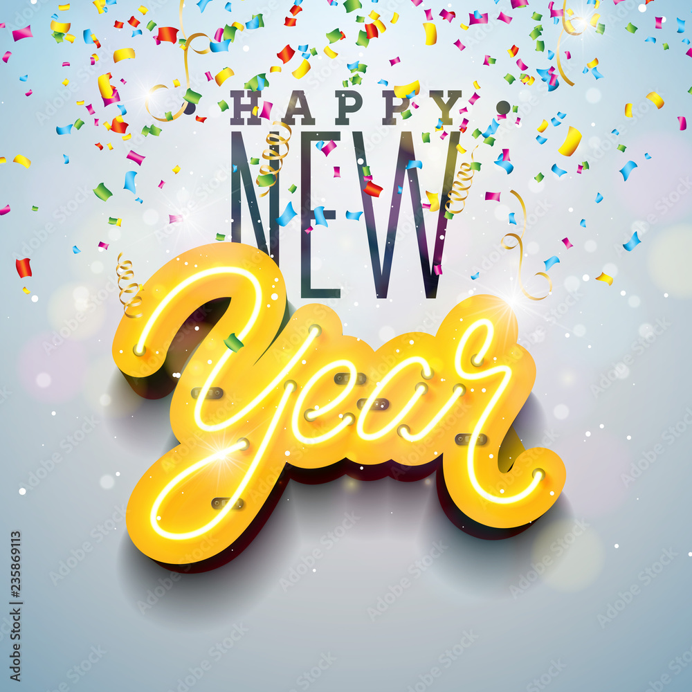 2019 Happy New Year illustration with Bright Neon Light Lettering and Falling Confetti on White Background. Holiday Design for Flyer, Greeting card, Banner, Celebration Poster, Party Invitation or