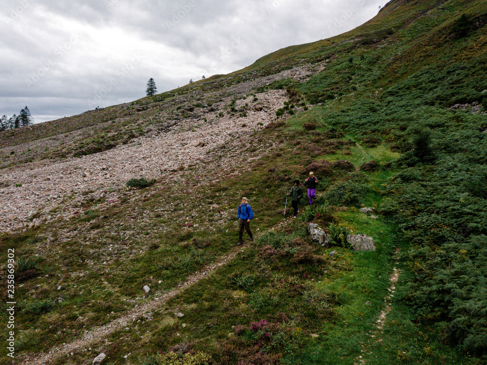 Group of friends trekking in Glen Etive, Scotland