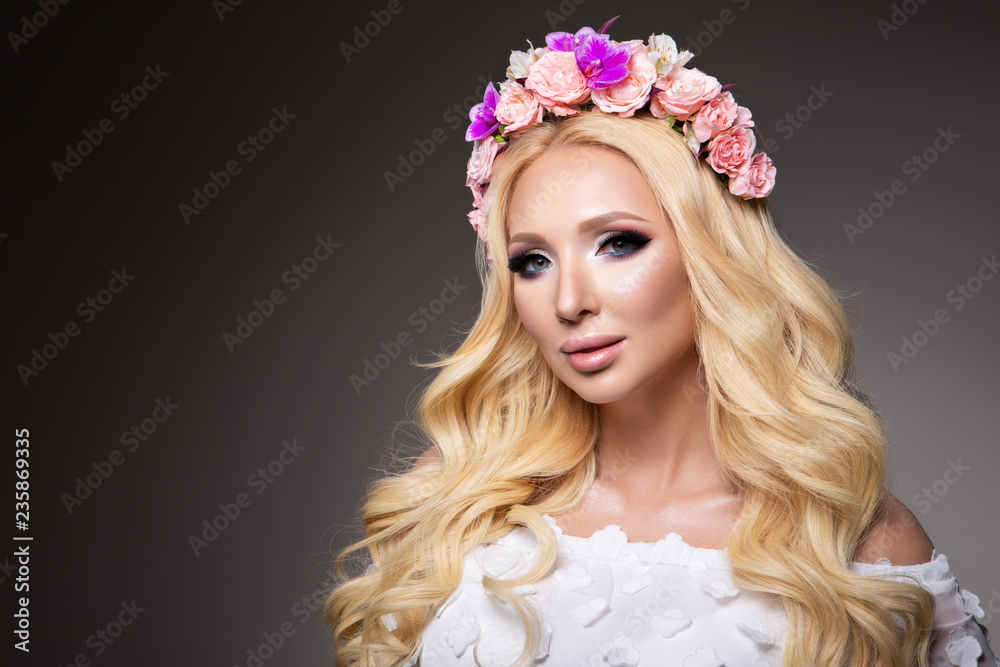 Beautiful Woman with Long Curly Hair, Perfect Makeup