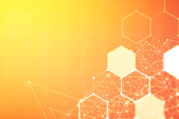 Wireless network connection technology background concept. Hexagon shapes pattern and connection lines on red background.