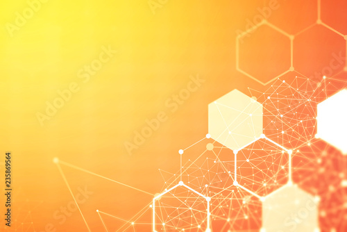 Wireless network connection technology background concept. Hexagon shapes pattern and connection lines on red background.