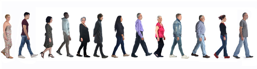 diverse people walking on white background