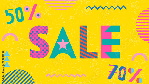 SALE 50% and 70%. Trendy geometric font in memphis style of 80s-90s. Abstract geometric shapes and text on yellow background