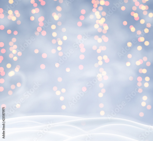 Shiny background with winter landscape, snow and blizzard.