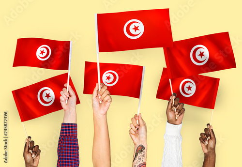 Hands waving the flags of Tunisia photo