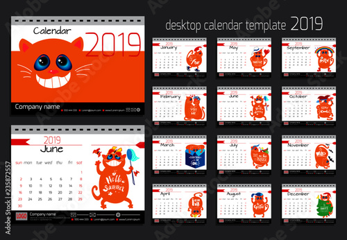 Desk calendar with funny cats for 2019 year.  Vector design template with motivational quotes. Set of 12 months.