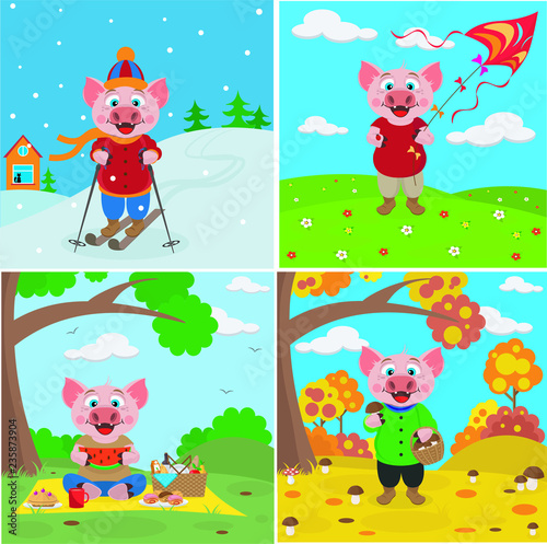 Large vector set of pigs. Pig in different seasons: winter, summer, spring and autumn.