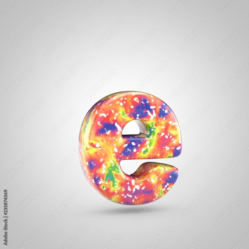 Bright acrylic pouring letter E lowercase isolated on white background