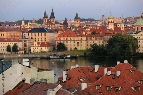Prague, Czech Republic, September 19, 2018. Beautiful view from above on the city, red roofs of houses, the Vltava River and the Church of the Virgin Mary