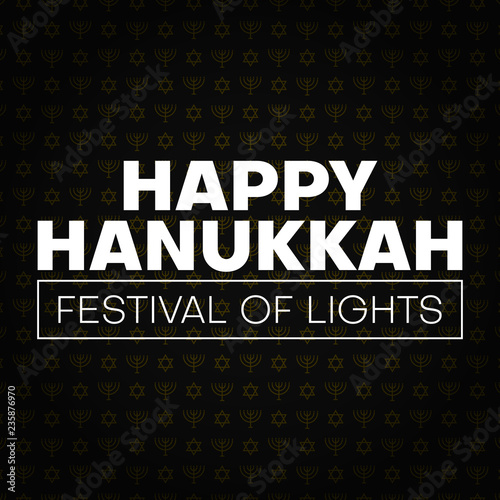 Happy Hanukkah greeting card with traditional pattern with menorah and stars.