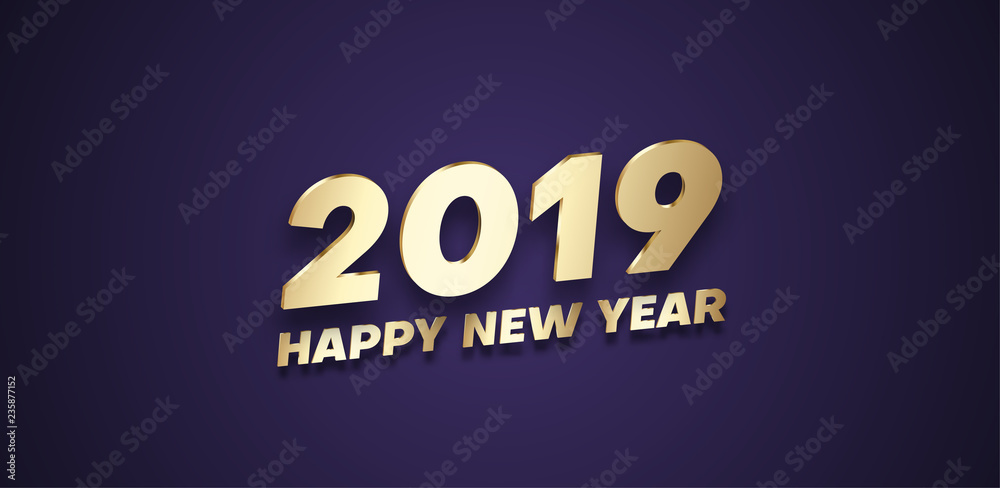 Purple Happy New Year 2019 banner with golden shiny figures.